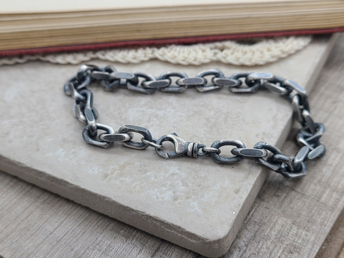 Sterling Silver Chain Link Bracelet / Hand Forged / Thick 