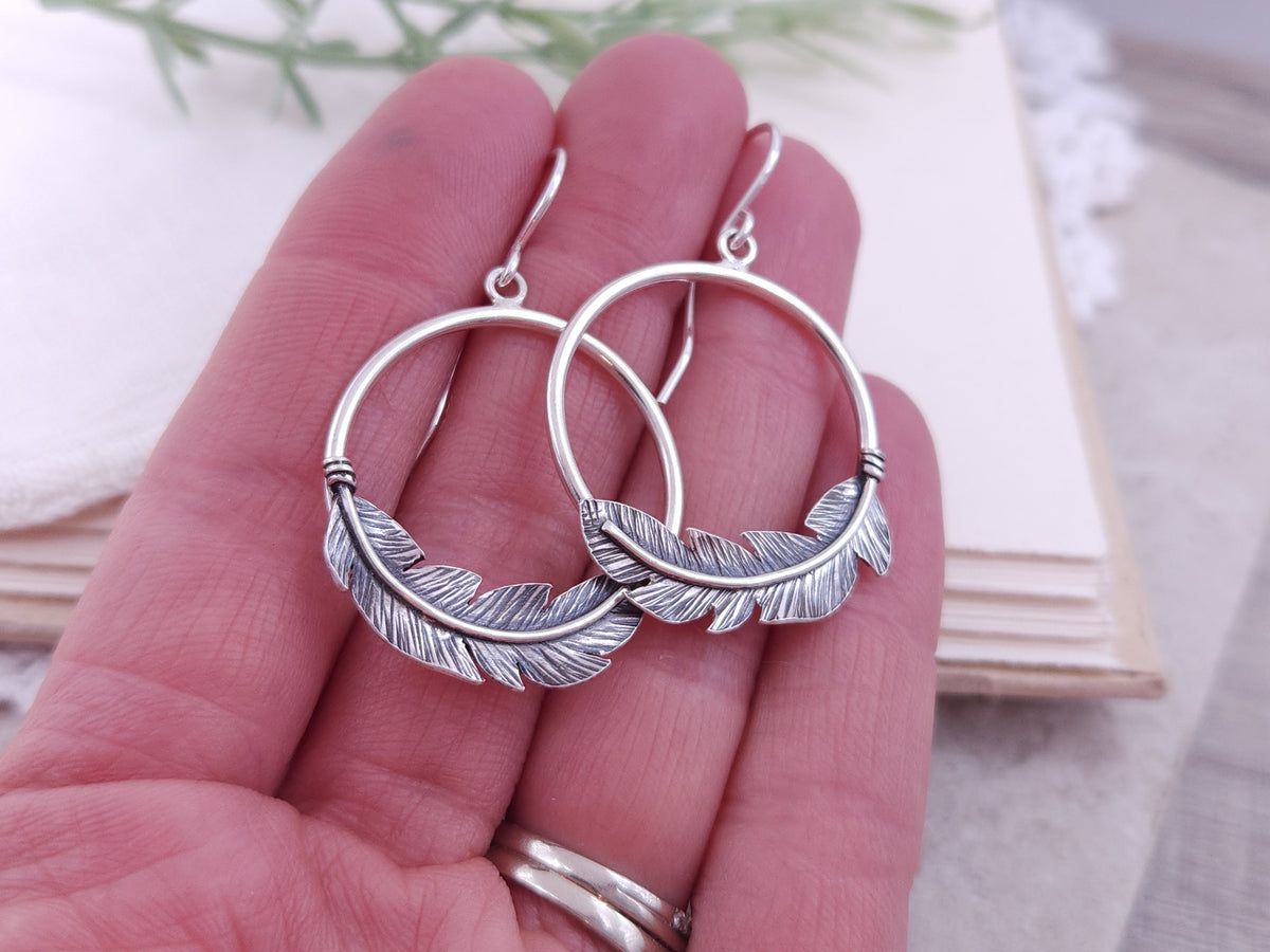 Sterling Silver Feather Hoop Earrings Crystal Lea Jewelry 2292