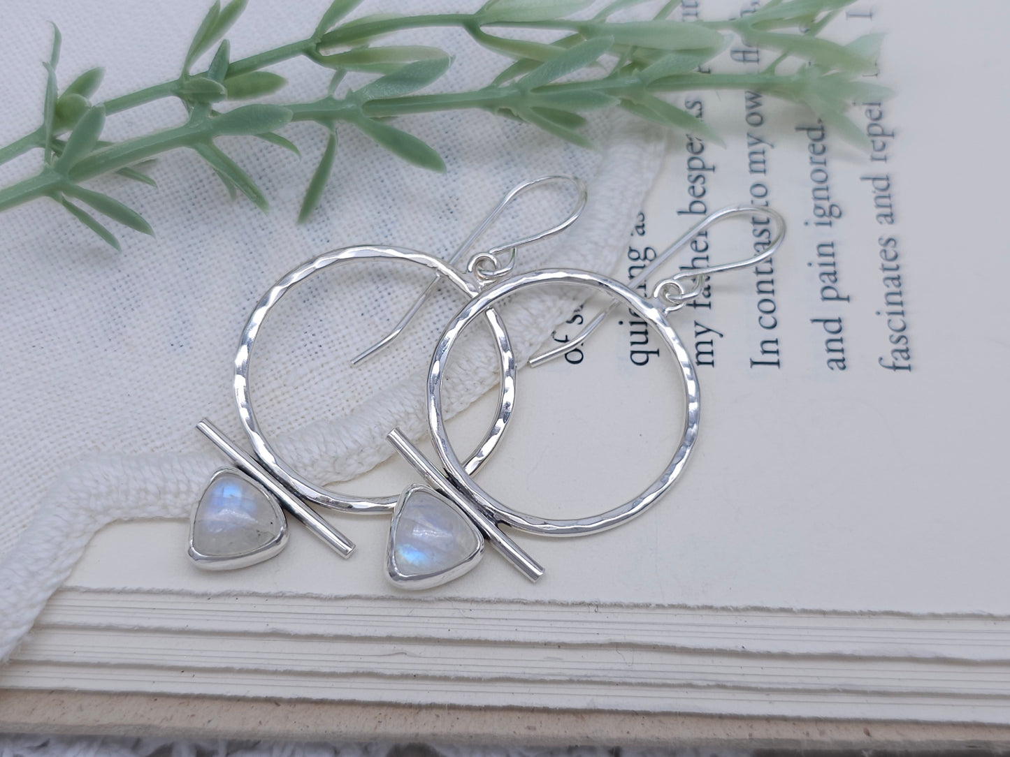 Sterling Silver & Trillion Rainbow Moonstone Hoops