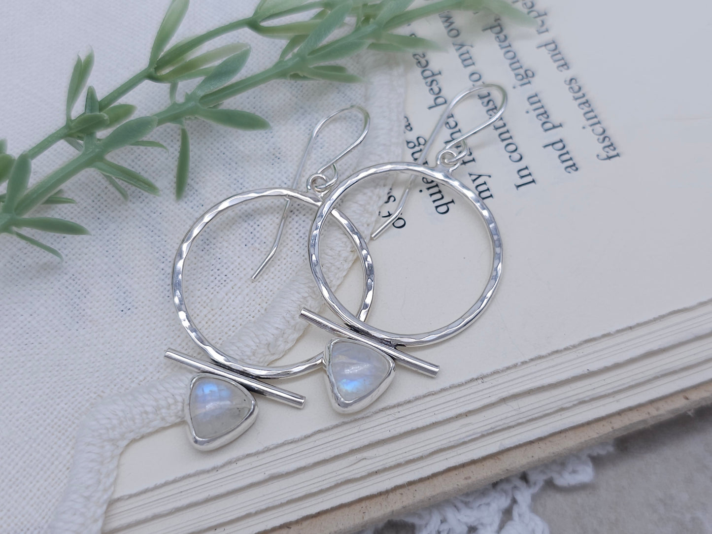 Sterling Silver & Trillion Rainbow Moonstone Hoops