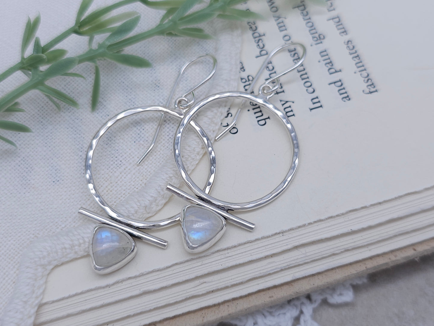 Sterling Silver & Trillion Rainbow Moonstone Hoops