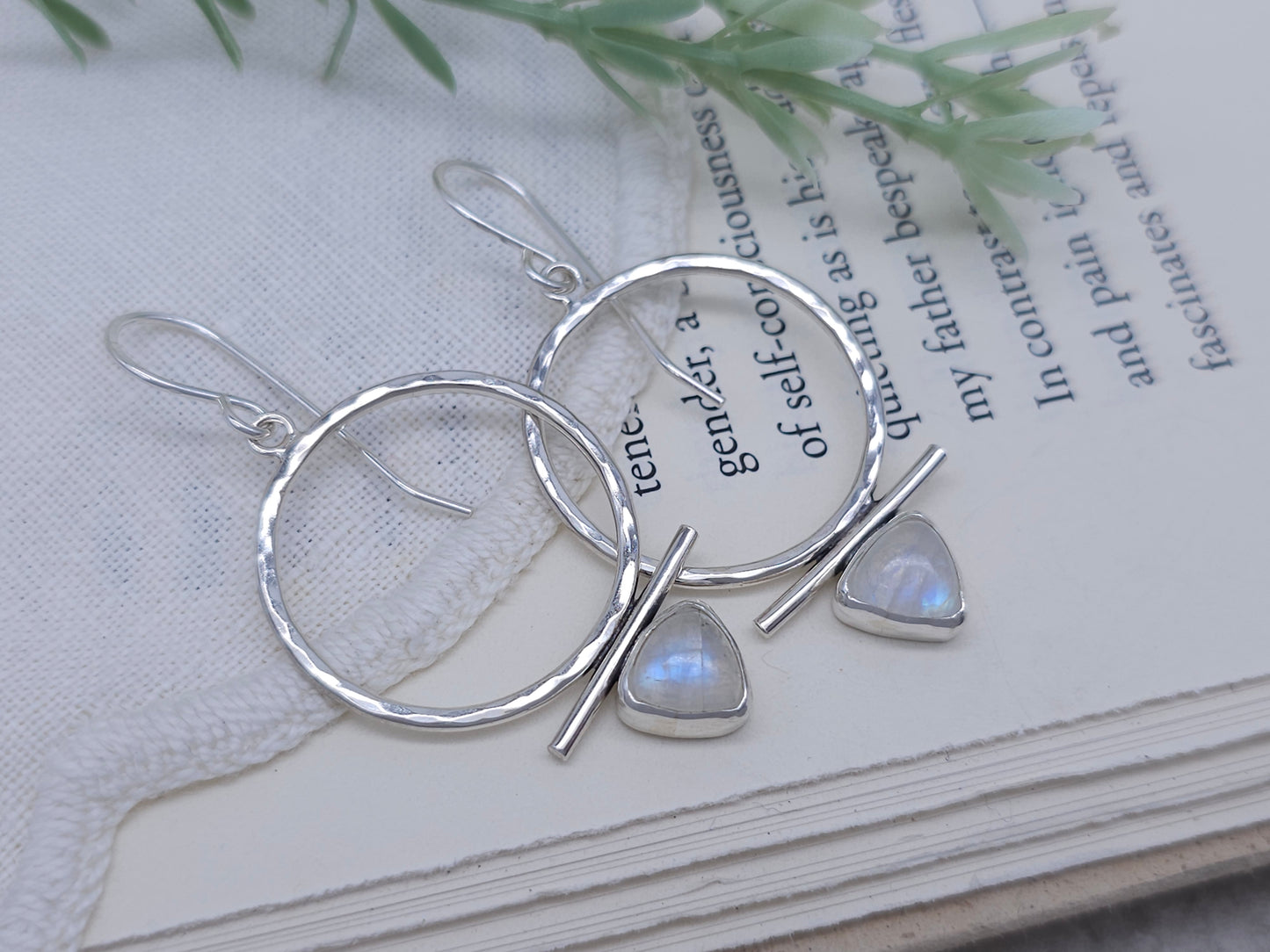 Sterling Silver & Trillion Rainbow Moonstone Hoops