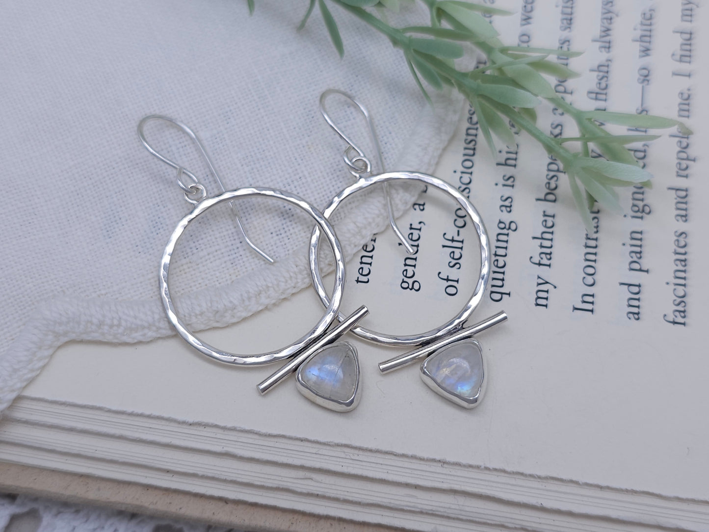 Sterling Silver & Trillion Rainbow Moonstone Hoops