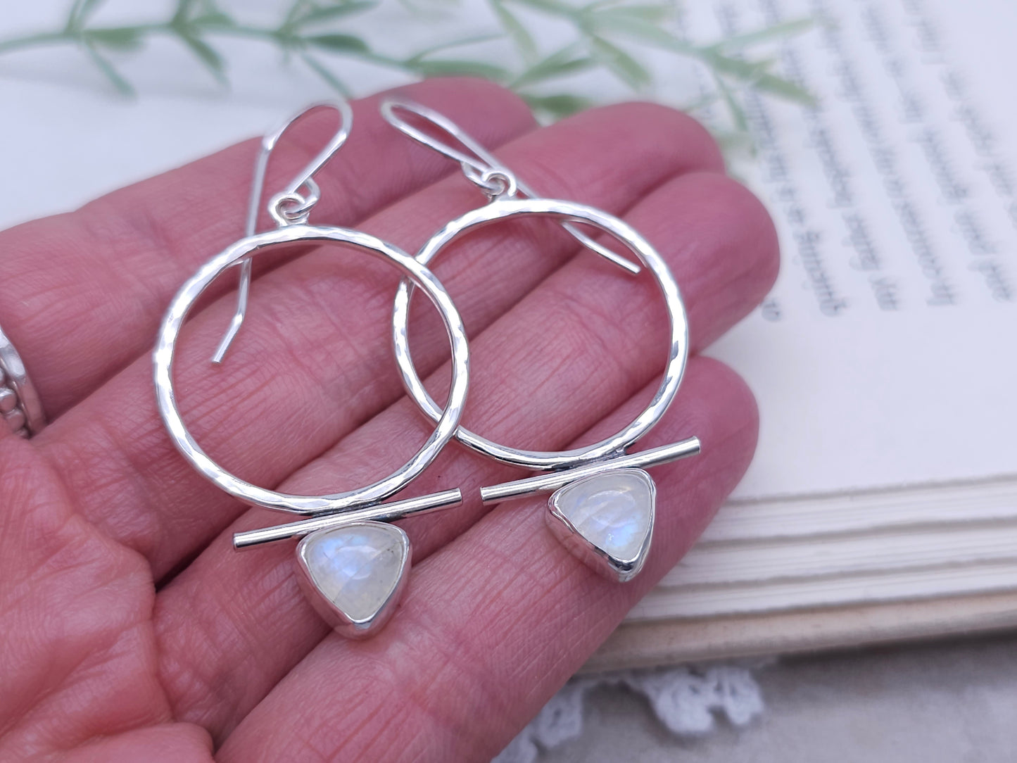 Sterling Silver & Trillion Rainbow Moonstone Hoops