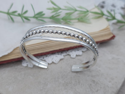 Sterling Silver Triple Band Beaded Cuff