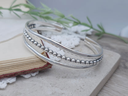 Sterling Silver Triple Band Beaded Cuff