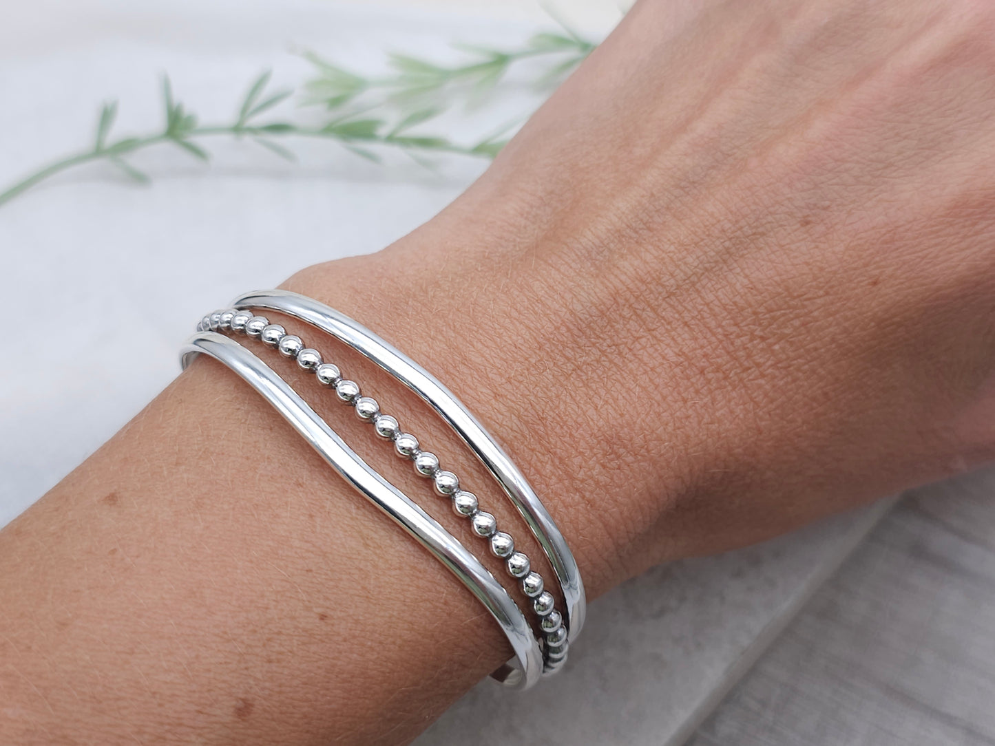 Sterling Silver Triple Band Beaded Cuff