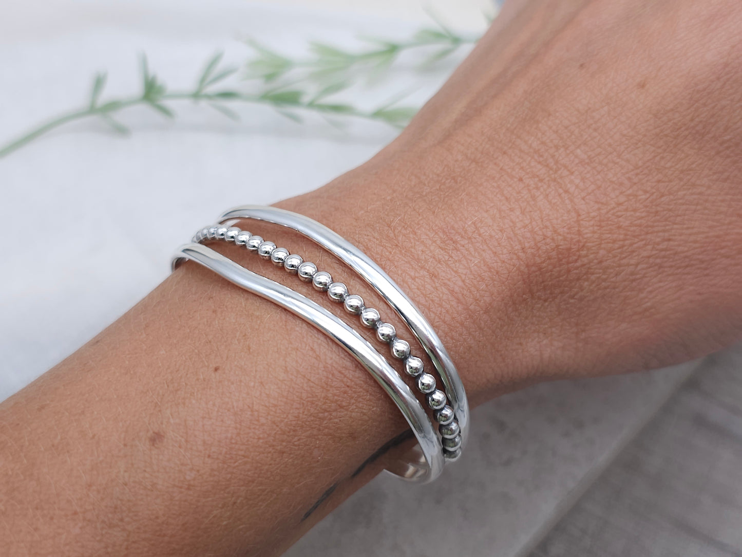 Sterling Silver Triple Band Beaded Cuff