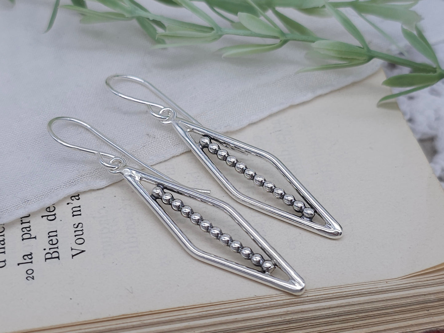 Sterling Silver Beaded Marquis Earrings