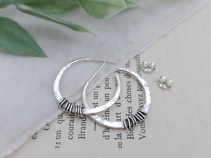 Sterling Wrapped Hammered Hoop Earrings 1" Hoops