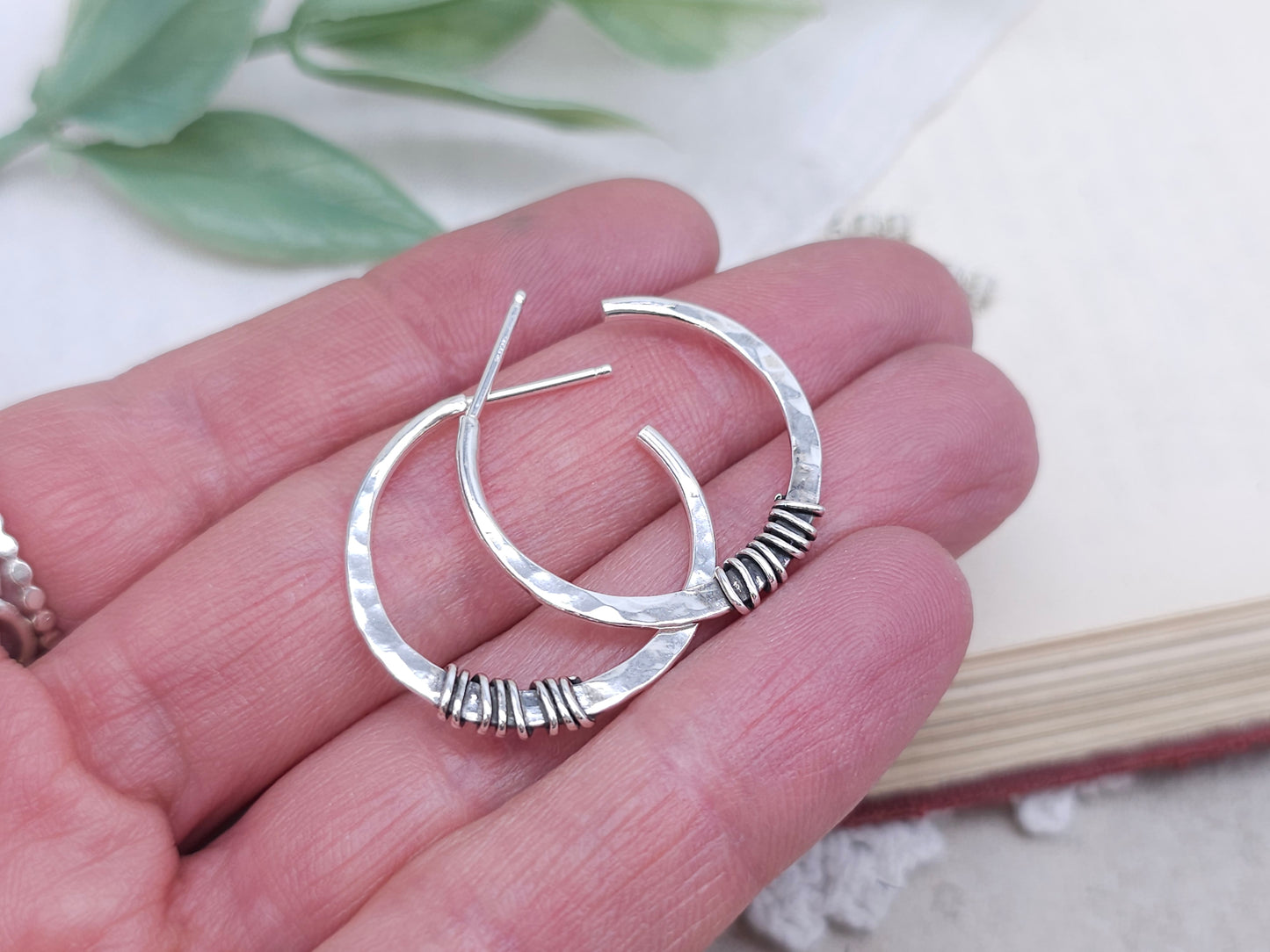 Sterling Wrapped Hammered Hoop Earrings 1" Hoops