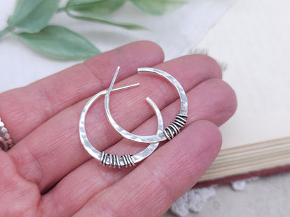 Sterling Wrapped Hammered Hoop Earrings 1" Hoops