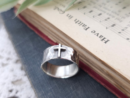 Sterling "Old Rugged" Cross Ring / Faith / Rustic / Wide Band