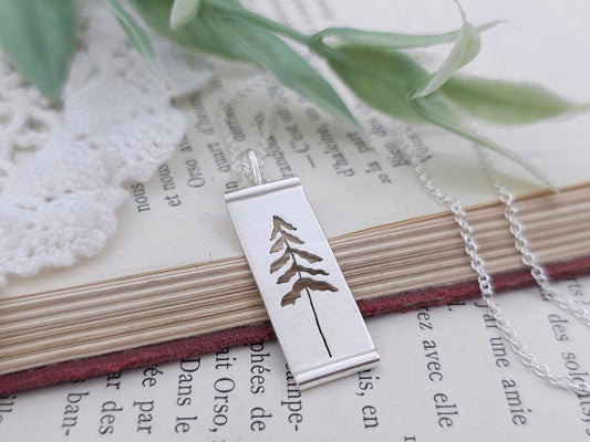 Sterling Silver Whimsical Pine Tree Rectangle Necklace