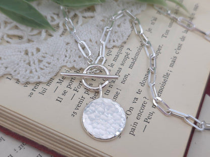 Sterling Silver Hammered Medallion Coin Front Clasp Necklace