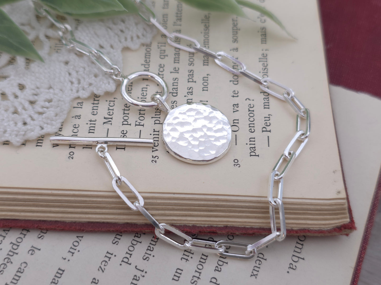 Sterling Silver Hammered Medallion Coin Front Clasp Necklace