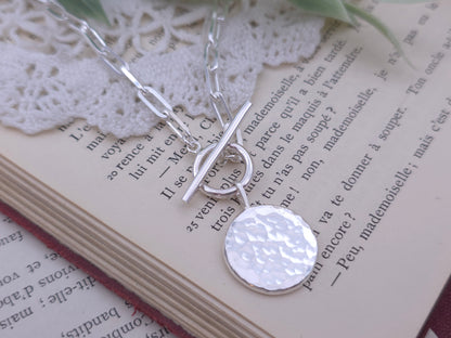 Sterling Silver Hammered Medallion Coin Front Clasp Necklace