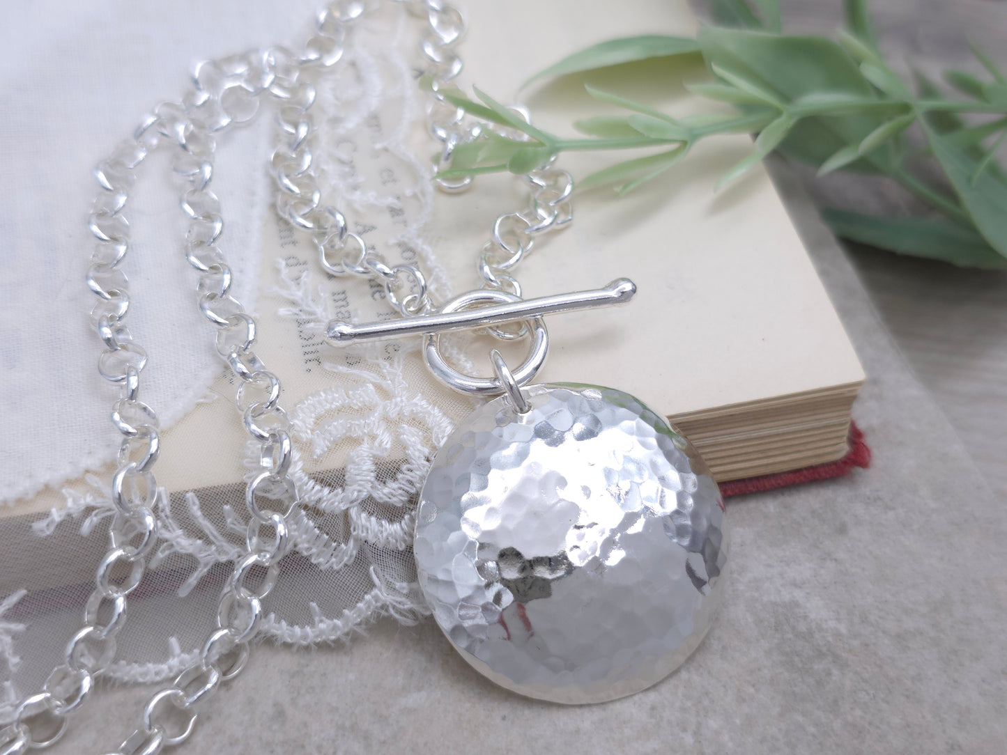 Large Sterling Silver Disc Necklace / Hammered Disc Necklace / Front Clasp Necklace / Silver Disc Necklace