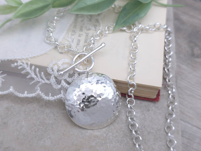 Large Sterling Silver Disc Necklace / Hammered Disc Necklace / Front Clasp Necklace / Silver Disc Necklace