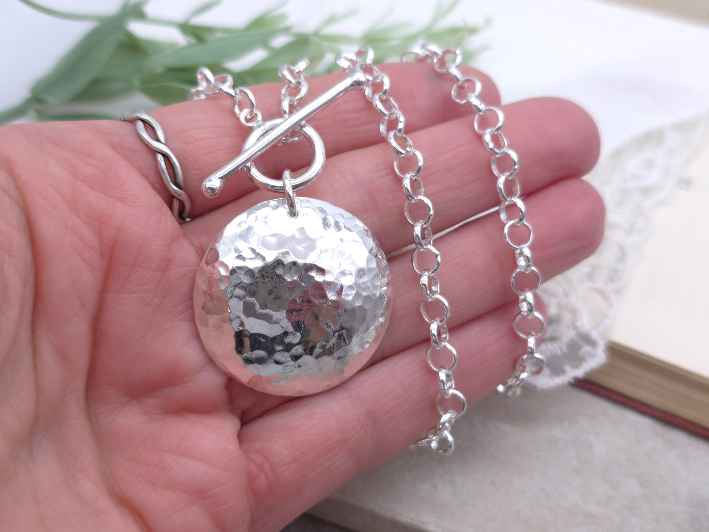 Large Sterling Silver Disc Necklace / Hammered Disc Necklace / Front Clasp Necklace / Silver Disc Necklace