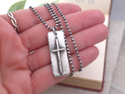 MENS Sterling Silver Cross  Necklace / Rugged Cross / Faith  / Dog Tag