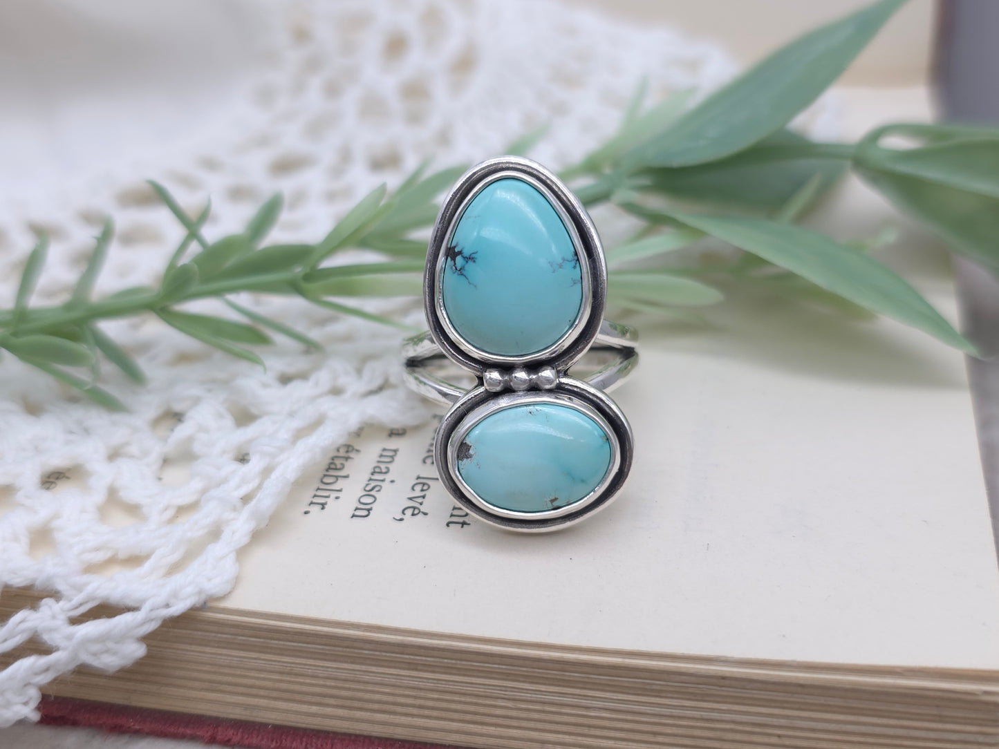 Sterling Silver & Lone Mountain Turquoise Double Stone Ring SIZE 7 1/2