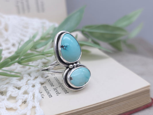 Sterling Silver & Lone Mountain Turquoise Double Stone Ring SIZE 7 1/2