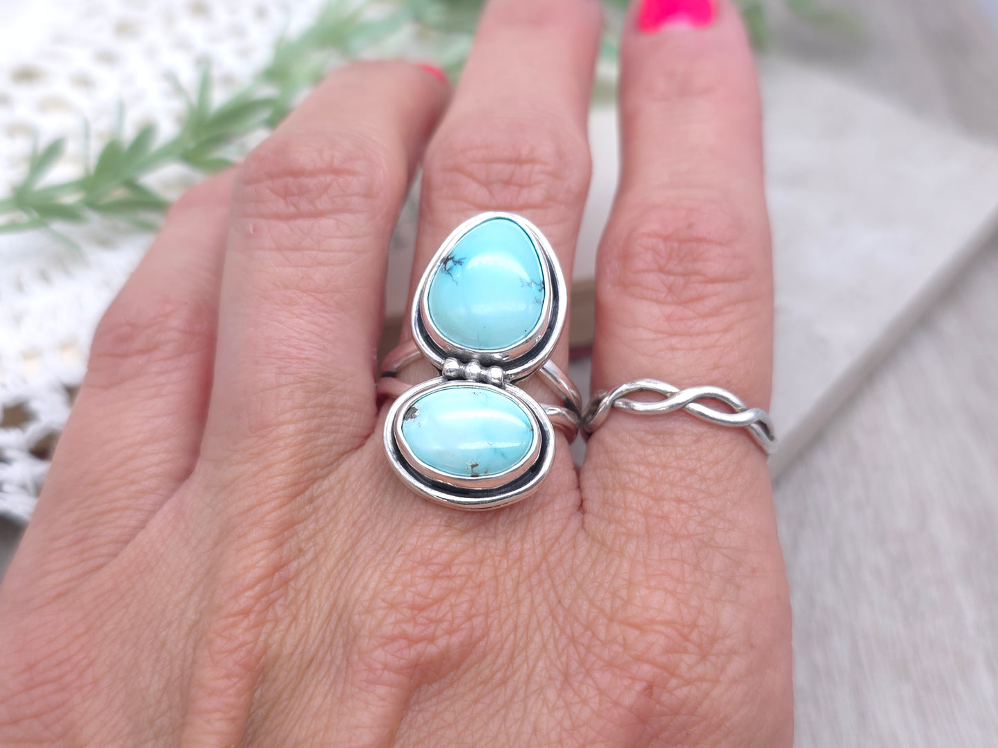 Sterling Silver & Lone Mountain Turquoise Double Stone Ring SIZE 7 1/2