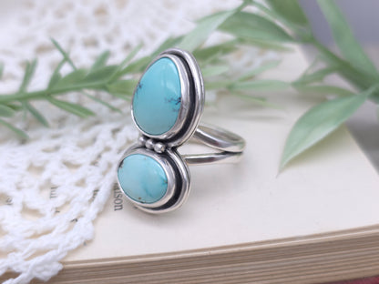 Sterling Silver & Lone Mountain Turquoise Double Stone Ring SIZE 7 1/2