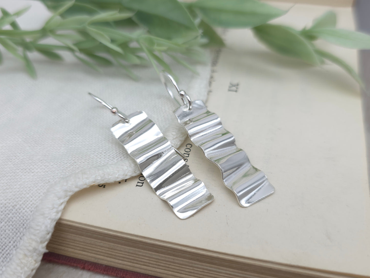 Sterling Silver Crinkled Bar Earrings