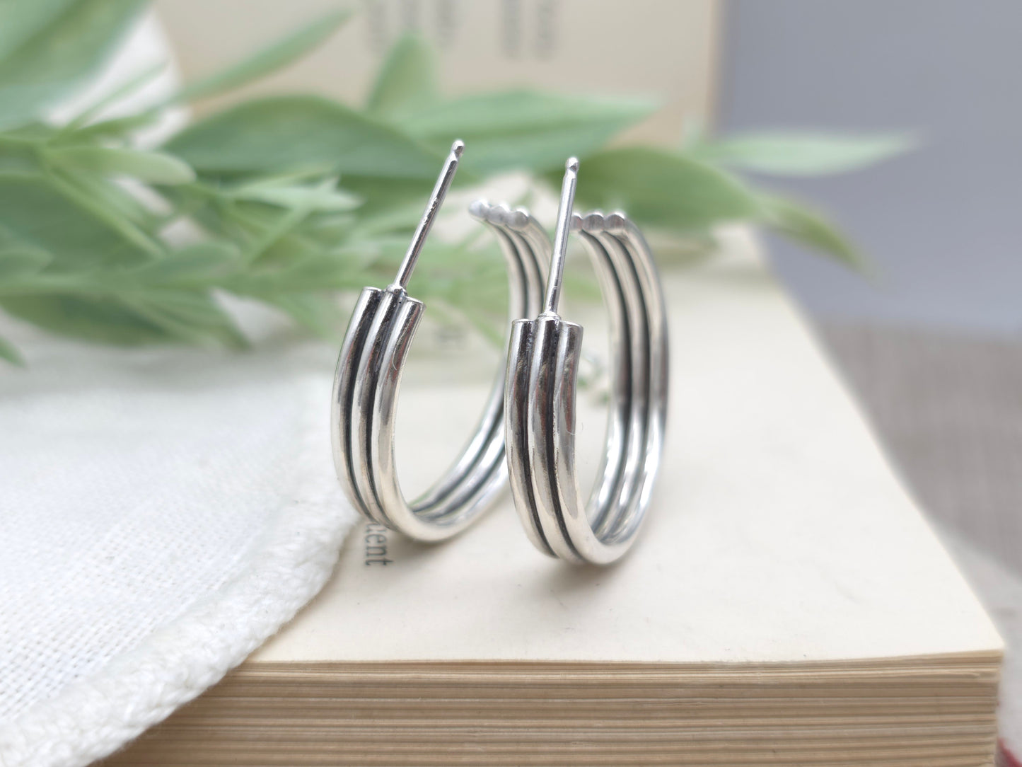 Sterling Silver Triple Bar Linear Hoops