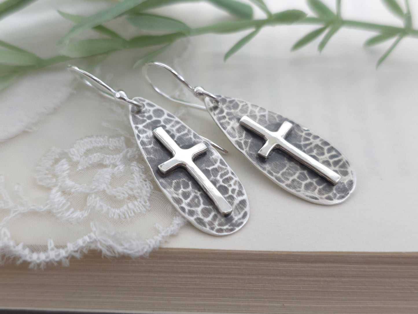 Sterling Silver Rustic Hammered Cross Earrings