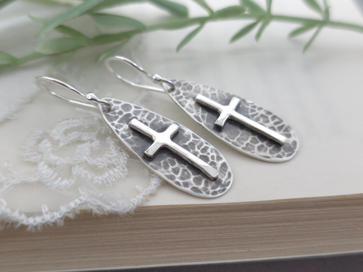 Sterling Silver Rustic Hammered Cross Earrings