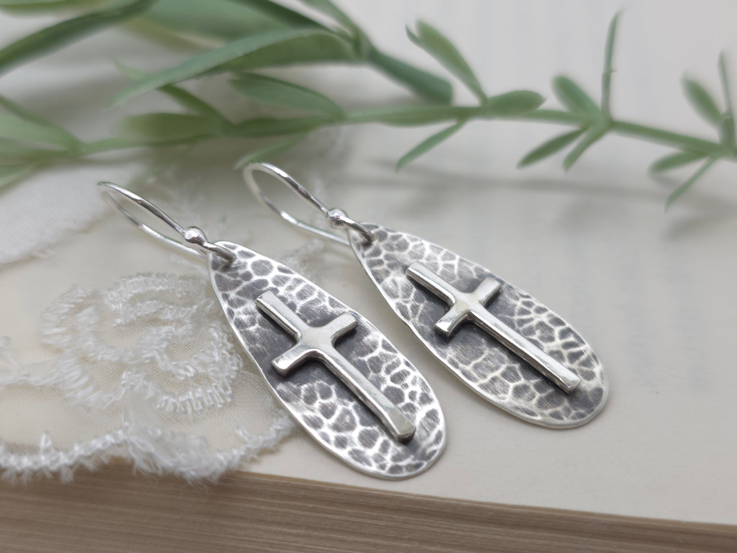 Sterling Silver Rustic Hammered Cross Earrings