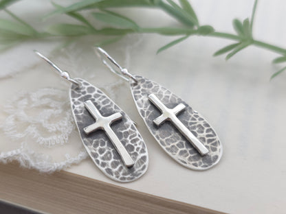 Sterling Silver Rustic Hammered Cross Earrings