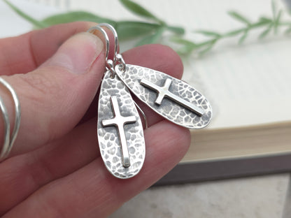 Sterling Silver Rustic Hammered Cross Earrings