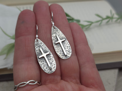 Sterling Silver Rustic Hammered Cross Earrings