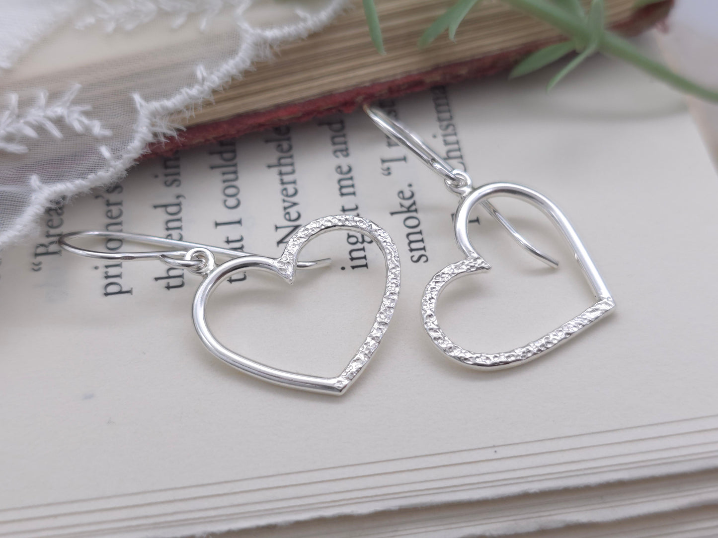 Sterling Silver Pave Hammered Heart Earrings