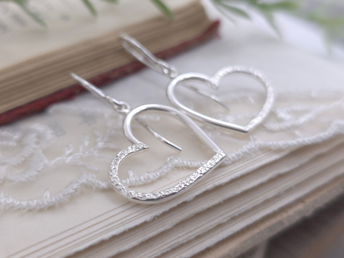 Sterling Silver Pave Hammered Heart Earrings