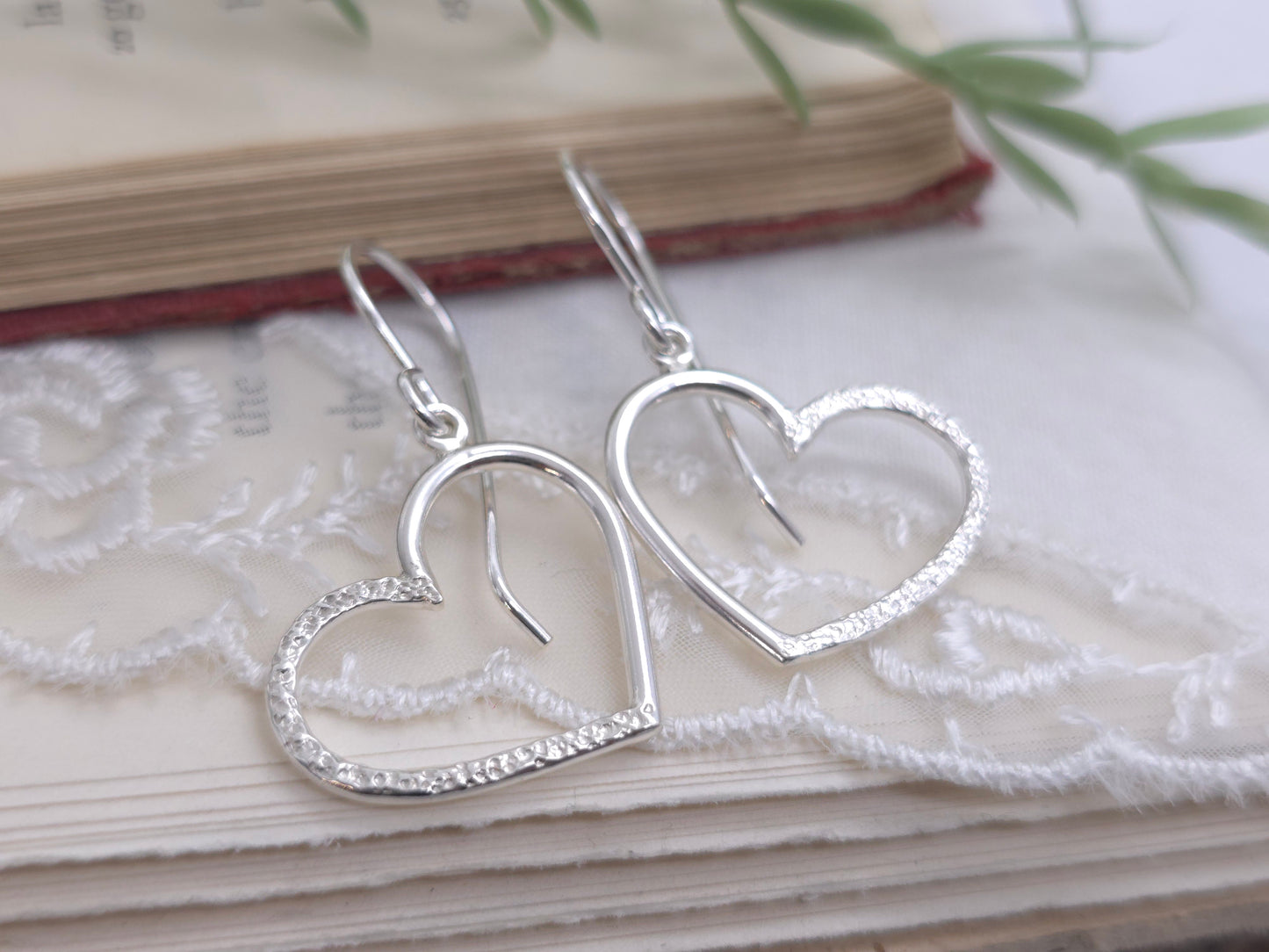 Sterling Silver Pave Hammered Heart Earrings