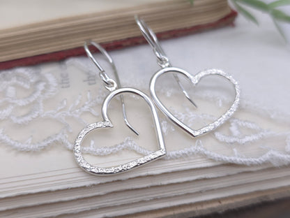 Sterling Silver Pave Hammered Heart Earrings