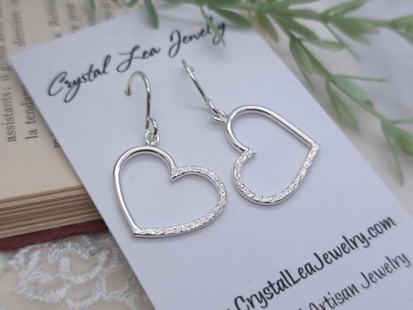 Sterling Silver Pave Hammered Heart Earrings