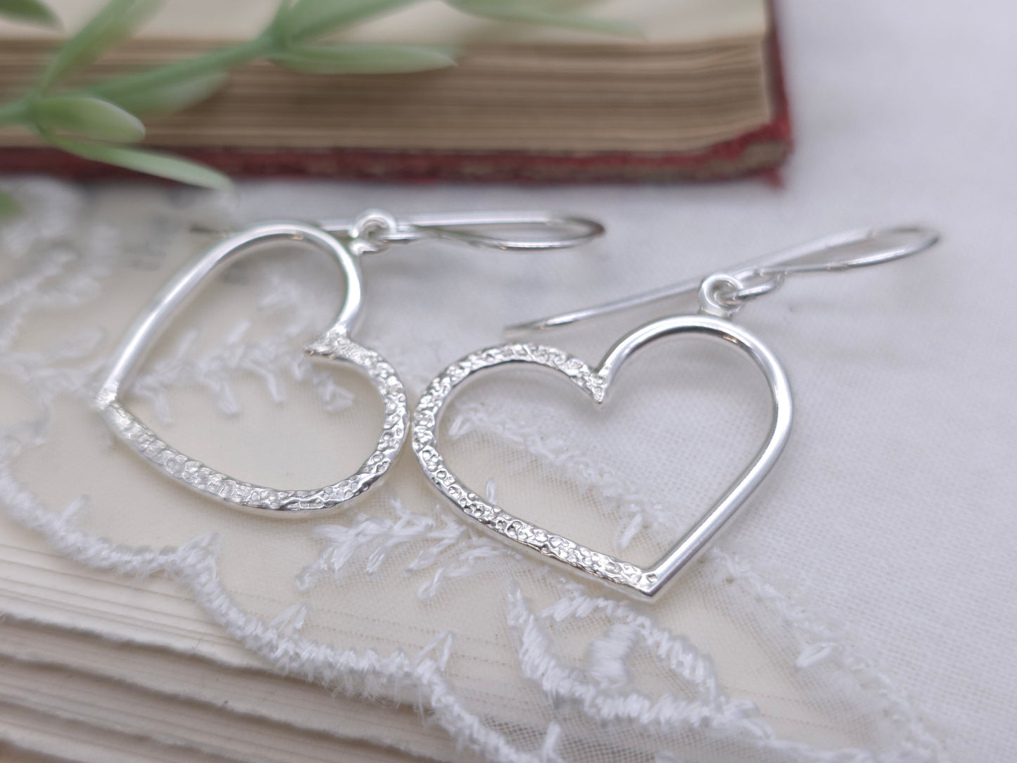 Sterling Silver Pave Hammered Heart Earrings