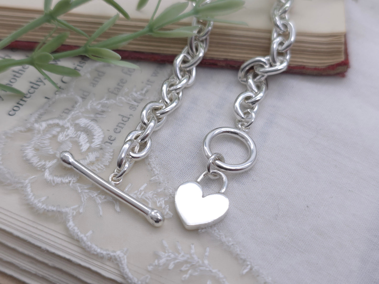 Sterling Silver Chunky Heart Charm Toggle Bracelet