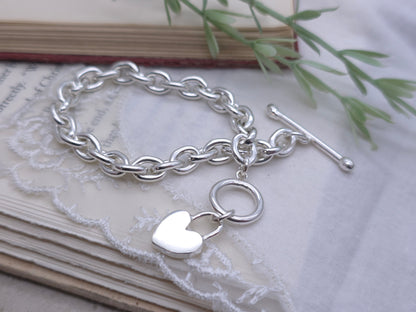 Sterling Silver Chunky Heart Charm Toggle Bracelet