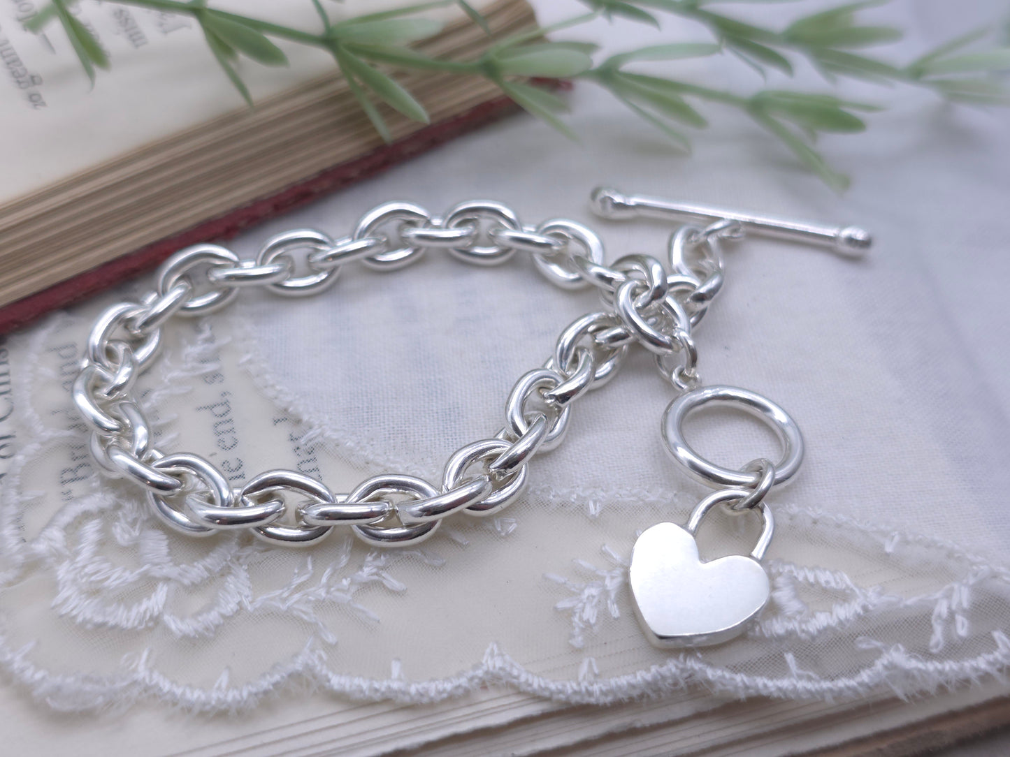 Sterling Silver Chunky Heart Charm Toggle Bracelet