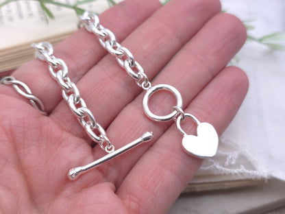 Sterling Silver Chunky Heart Charm Toggle Bracelet