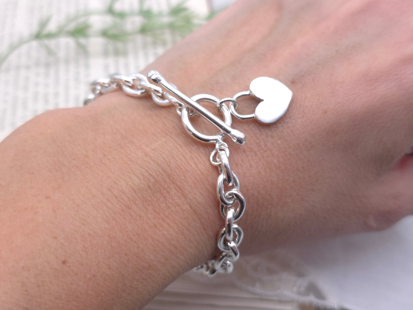 Sterling Silver Chunky Heart Charm Toggle Bracelet