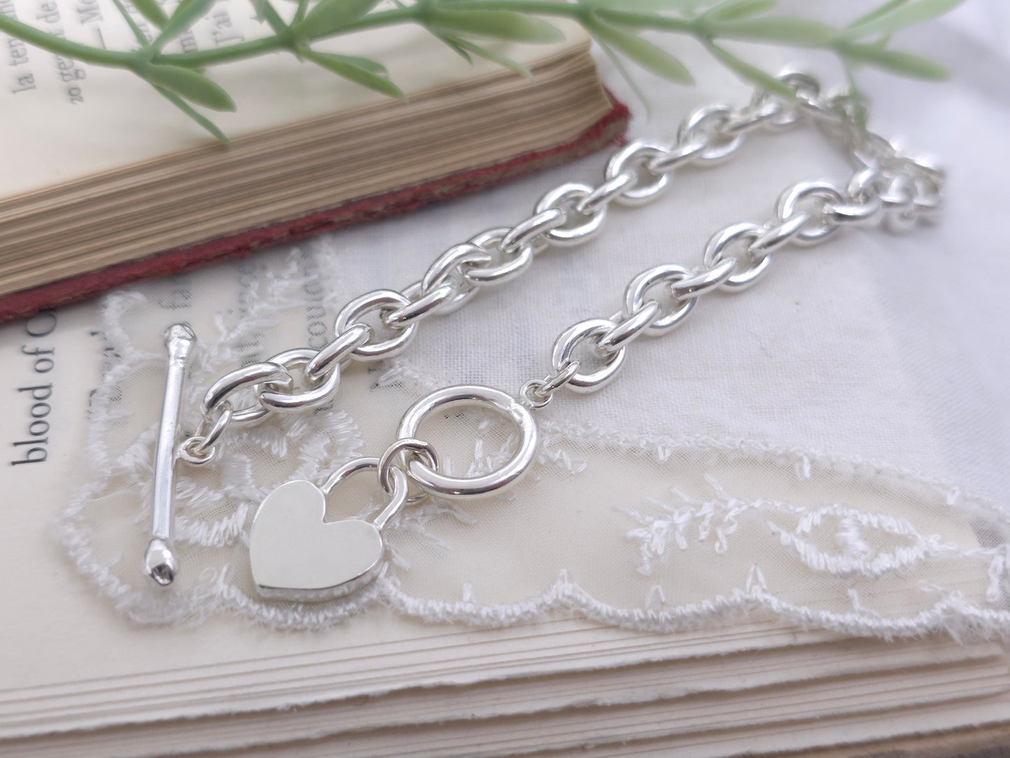 Sterling Silver Chunky Heart Charm Toggle Bracelet