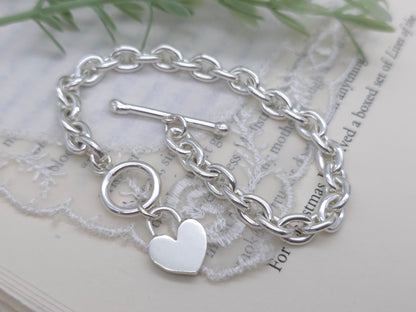 Sterling Silver Chunky Heart Charm Toggle Bracelet